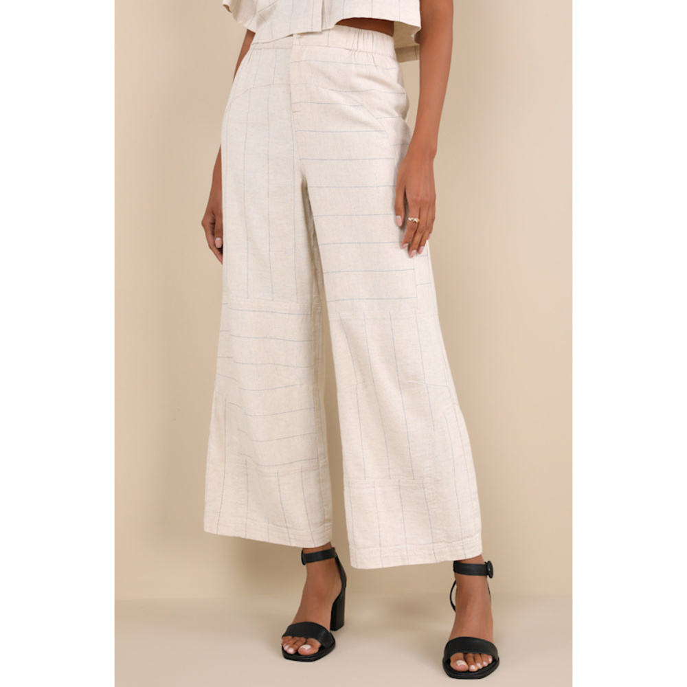 Lulus Enviably Breezy Beige Striped Seamed High-rise Wide-leg Pants - Size XL